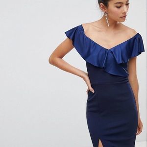 Silver Bloom off shoulders midi Dress with split